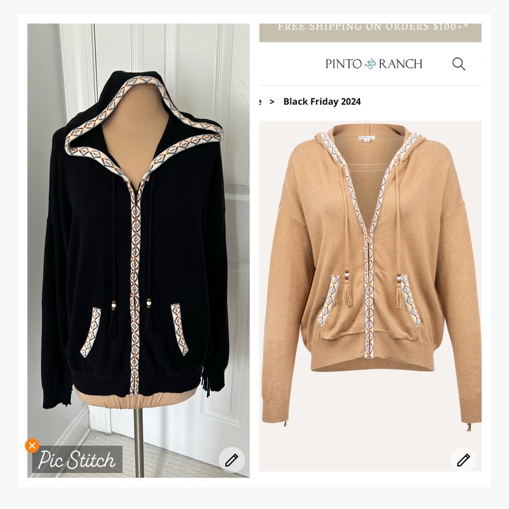 Minnie Rose Western Fringe Full Zip Hooded Cardigan Black